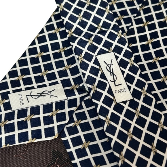 Yves Saint Laurent Paris Luxury Silk Necktie Tie Vintage Monogrammed Window Pane - Picture 7 of 14
